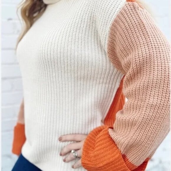 Orange Cream Color Block Turtleneck Chunky Knit Pullover Sweater Women’s Large - Picture 11 of 11